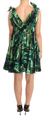 Green Leaves Print Cotton Flared Mini Dress by Faz