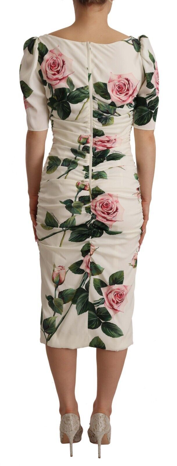 White Roses Print Stretch Silk Pleated Dress by Faz