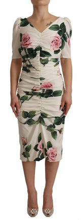 White Roses Print Stretch Silk Pleated Dress by Faz