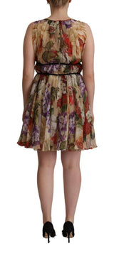 Beige Floral Sleeveless Round Neck Mini Dress by Faz