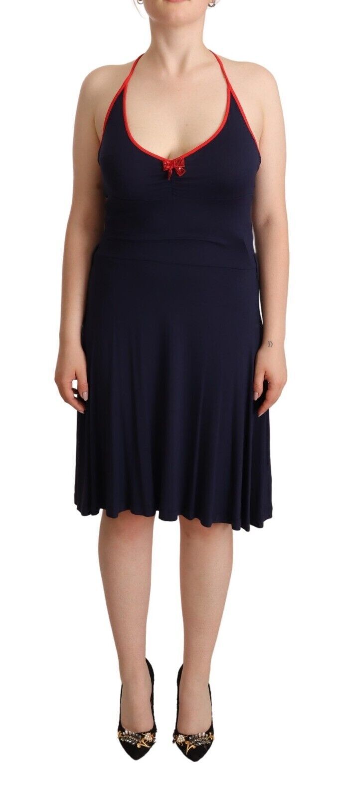 Navy Blue Sleeveless Halter Sheath Midi Dress by Faz