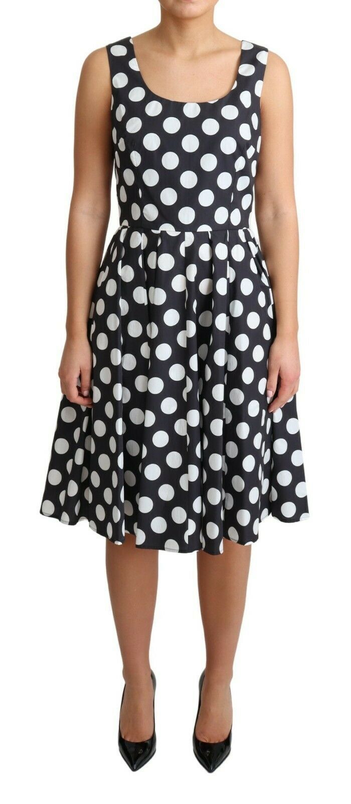 Black Polka Dotted Cotton A-Line Dress by Faz