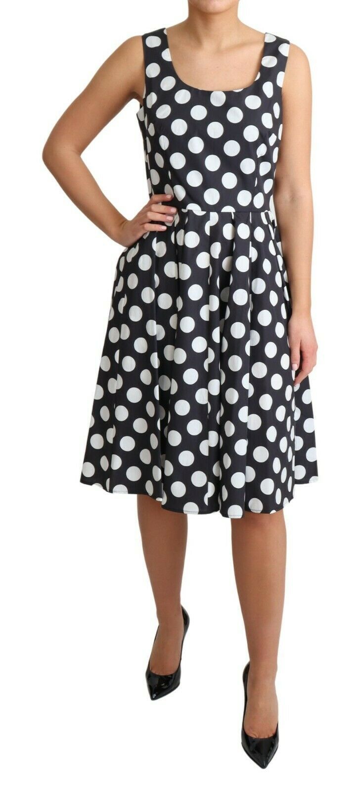 Black Polka Dotted Cotton A-Line Dress by Faz