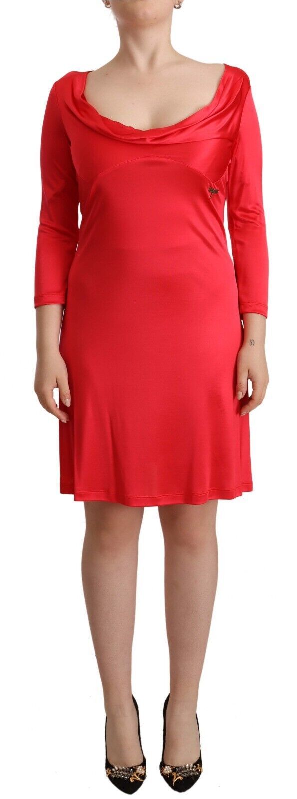 Red Viscose 3/4 Sleeves Deep Round Neck Sheath Dress by Faz