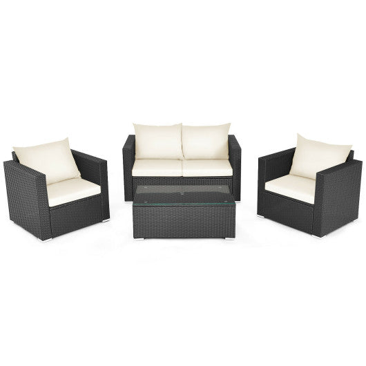 4 Pieces Patio Rattan Conversation Set with Padded Cushion and Tempered Glass Coffee Table-White