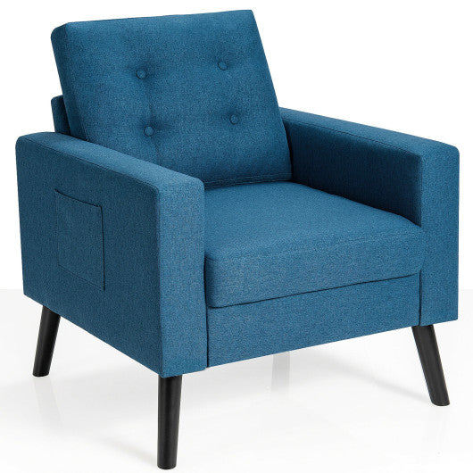 Mid-Century Upholstered Armchair Club Chair with Rubber Wood Legs-Blue