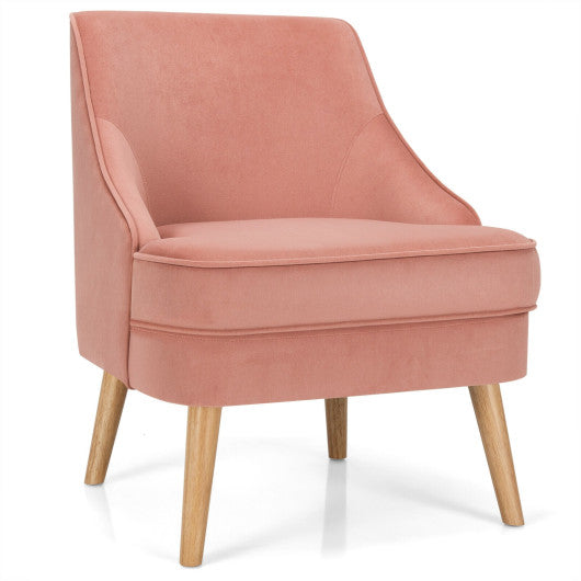 Mid Century Velvet Accent Chair with Rubber Wood Legs for Bedroom-Pink