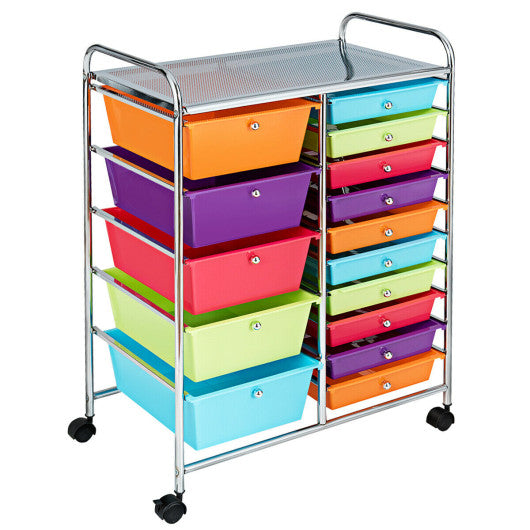 15-Drawer Utility Rolling Organizer Cart with Multi-Use Storage-Multicolor