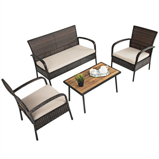 4 Pieces Patio Cushioned Wicker Conversation Set with Acacia Wood Tabletop