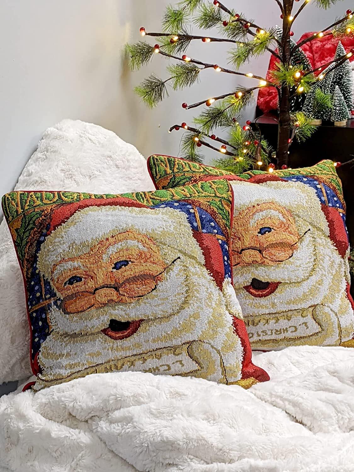 DaDa Bedding Naughty or Nice Santa Claus Christmas Woven Tapestry Throw Pillow Cover - 16" x 16" by DaDa Bedding Collection - Vysn