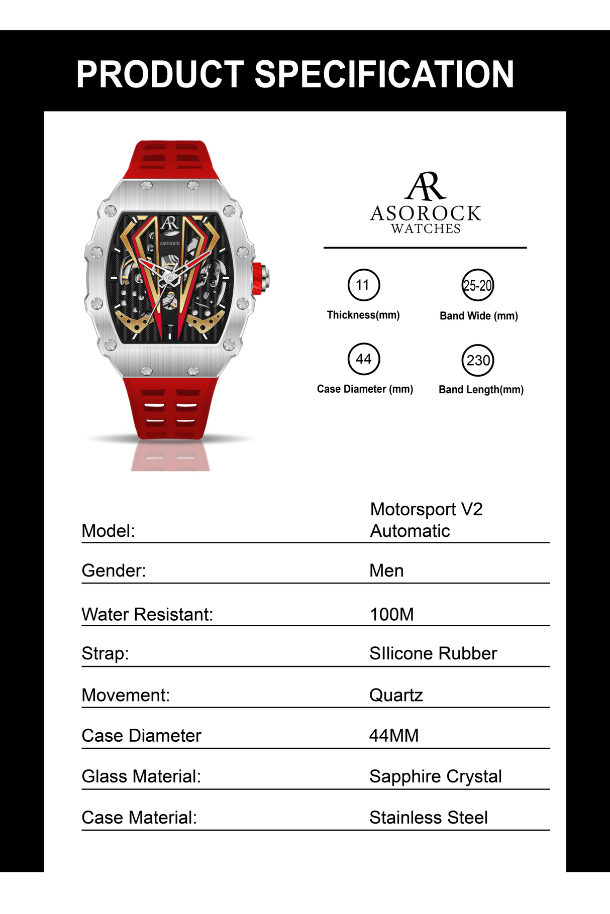 Silver/red Motorsport V2 automatic by ASOROCK WATCHES