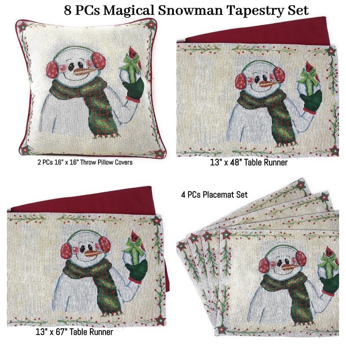 DaDa Bedding Set of 8 Pieces Magical Snowman Holiday Table Tapestry - 4 Placemats, 2 Table Runners, 2 Throw Pillow Covers (9733) by DaDa Bedding Collection