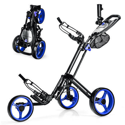 Folding 3 Wheels Golf Push Cart with Brake Scoreboard Adjustable Handle-Blue