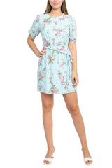 Sage Collective Crew Neck Short Sleeve Tie Waist Keyhole Back Floral Print Crepe Dress by Curated Brands