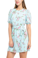 Sage Collective Crew Neck Short Sleeve Tie Waist Keyhole Back Floral Print Crepe Dress by Curated Brands