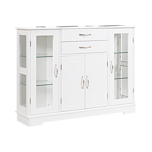 Sideboard Buffet Server Storage Cabinet with 2 Drawers and Glass Doors-White