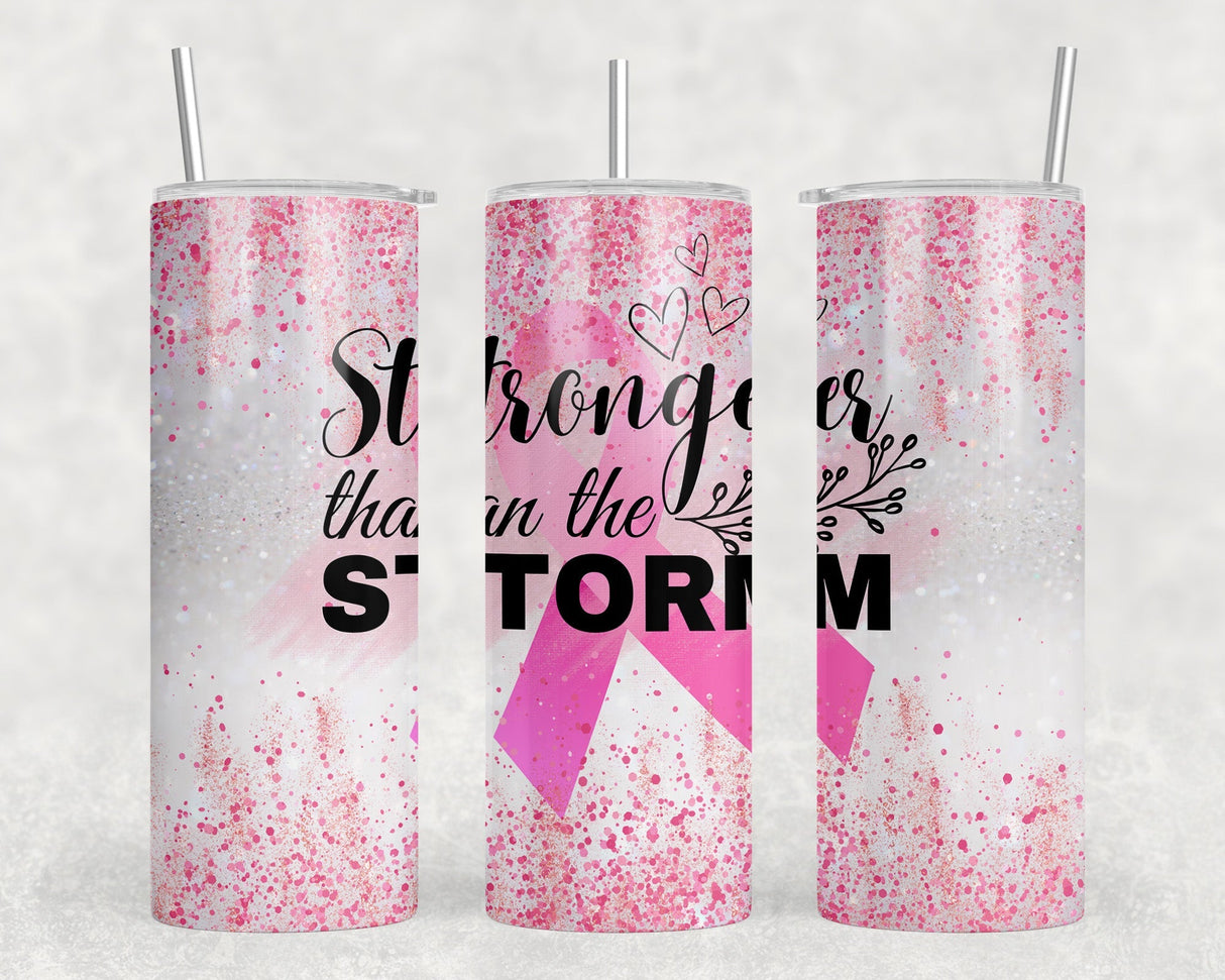 Stronger Than The Storm Pink Ribbon - 20 oz Steel Skinny Tumbler - Optional Blue Tooth Speaker - Speaker Color will Vary by Rowdy Ridge Co