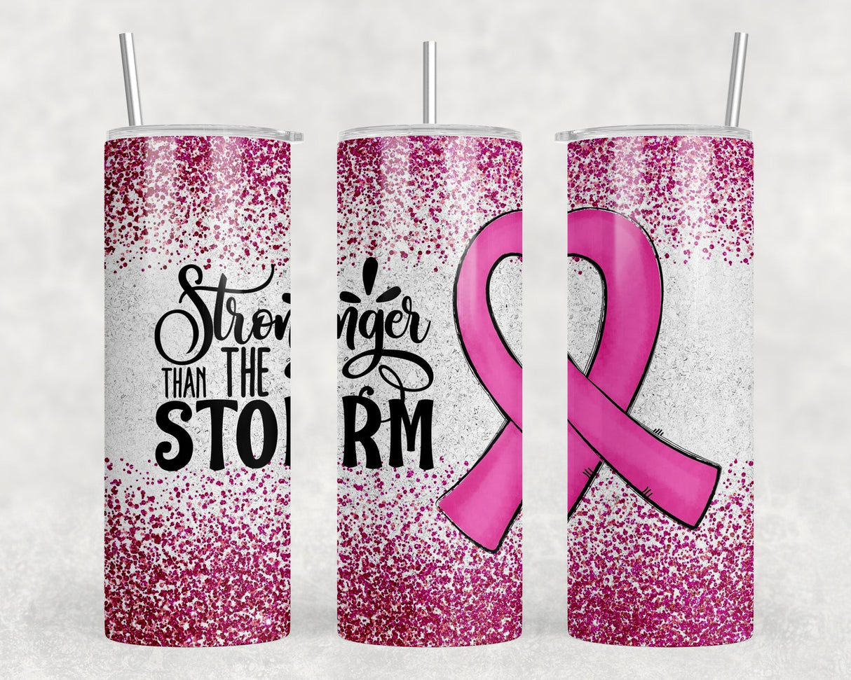 Stronger Than The Storm Pink Ribbon - 20 oz Steel Skinny Tumbler - Optional Blue Tooth Speaker - Speaker Color will Vary by Rowdy Ridge Co