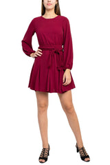 Sage Collective Crew Neck Long Sleeve Tie Waist Godet Hem Keyhole Back Solid Twill Dress by Curated Brands