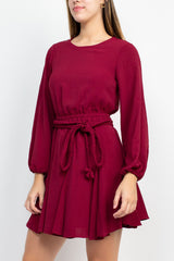 Sage Collective Crew Neck Long Sleeve Tie Waist Godet Hem Keyhole Back Solid Twill Dress by Curated Brands