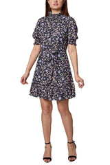 Sage Collective Ruched High Neck Short Sleeve Tie Waist Floral Print Ruched Hem A Line Crepe Dress by Curated Brands