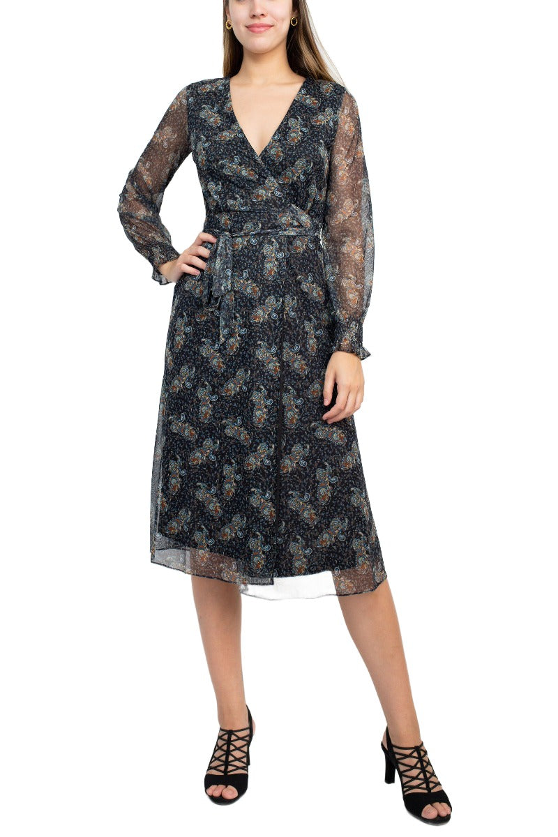 Sage Collective V-Neck Long Sleeve Tie Waist Paisley Print Power Mesh Dress by Curated Brands