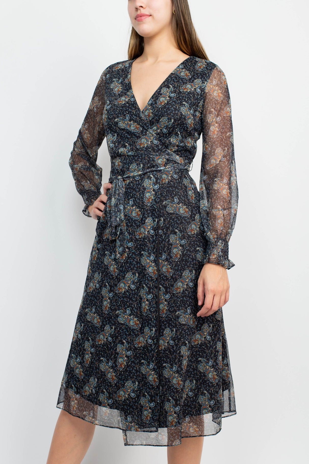 Sage Collective V-Neck Long Sleeve Tie Waist Paisley Print Power Mesh Dress by Curated Brands