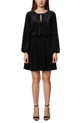 Sage Collective Keyhole Tie Scoop Neck Long Sleeve Blouson Grid Glitter Velvet Dress by Curated Brands