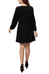 Sage Collective Keyhole Tie Scoop Neck Long Sleeve Blouson Grid Glitter Velvet Dress by Curated Brands