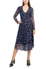 Sage Collective V-Neck Long Sleeve Tie Waist Floral Print Power Mesh Dress by Curated Brands