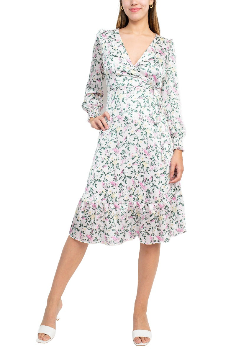 Sage Collective V-Neck Tie Side Long Sleeve Ruffled Cuff And Sleeve Floral Print Satin Dress by Curated Brands