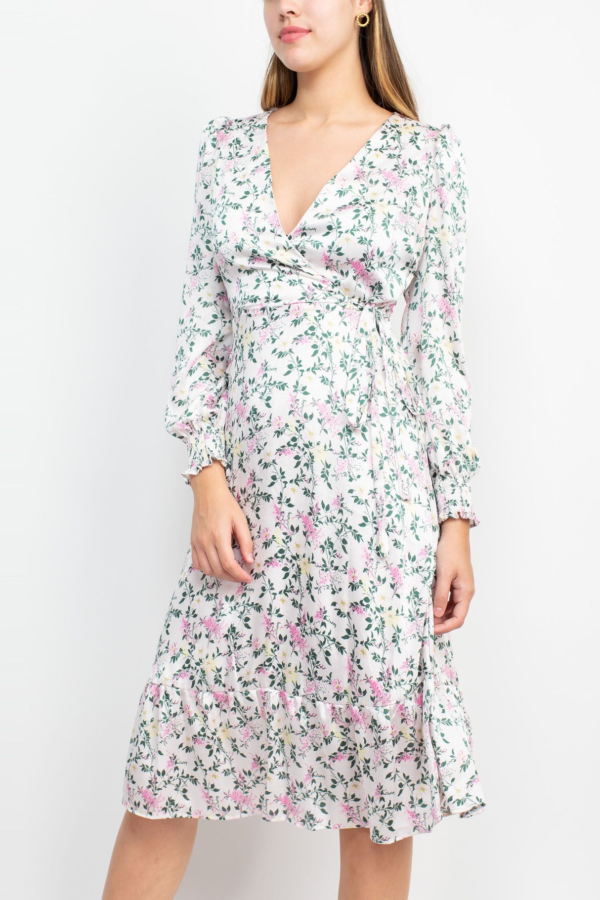 Sage Collective V-Neck Tie Side Long Sleeve Ruffled Cuff And Sleeve Floral Print Satin Dress by Curated Brands