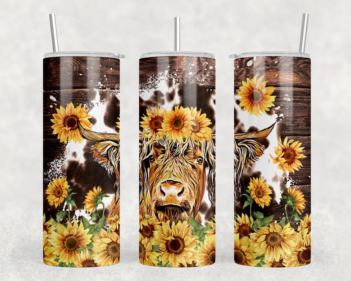 Sunflower Highland Cow|Skinny Tumbler|Optional Bluetooth Speaker| Speaker Color Varies by Rowdy Ridge Co