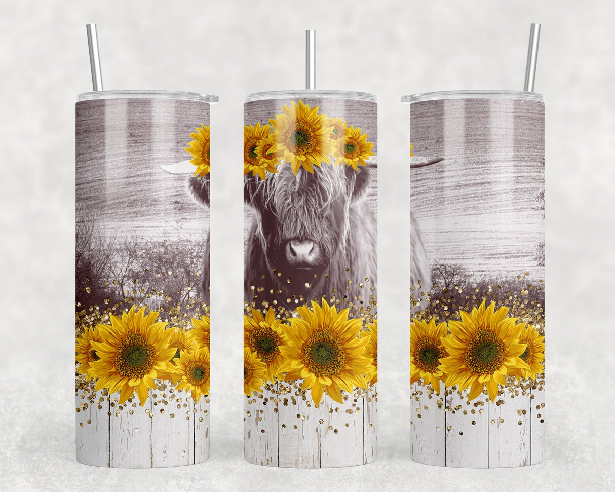 Sunflower Highland Cow|Skinny Tumbler|Optional Bluetooth Speaker| Speaker Color Varies by Rowdy Ridge Co