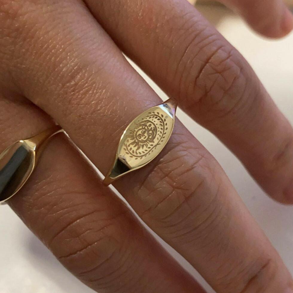 10K Sun and Moon Engraving Signet Ring by VicStoneNYC Fine Jewelry