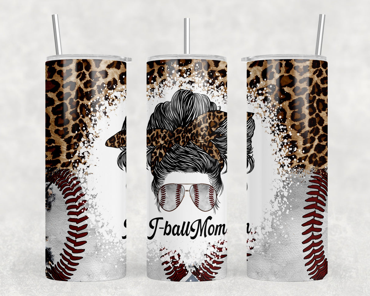 T-Ball Mom Leopard Print - 20 oz Steel Skinny Tumbler - Optional Blue Tooth Speaker - Speaker Color will Vary by Rowdy Ridge Co