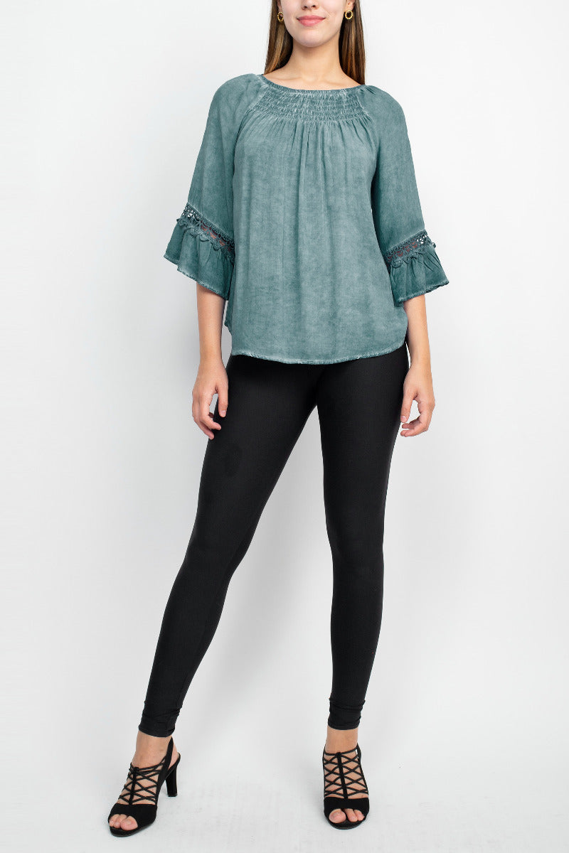 Floral + Ivy Round Neck 3/4 Sleeve Ruched Neck Rayon Top by Curated Brands