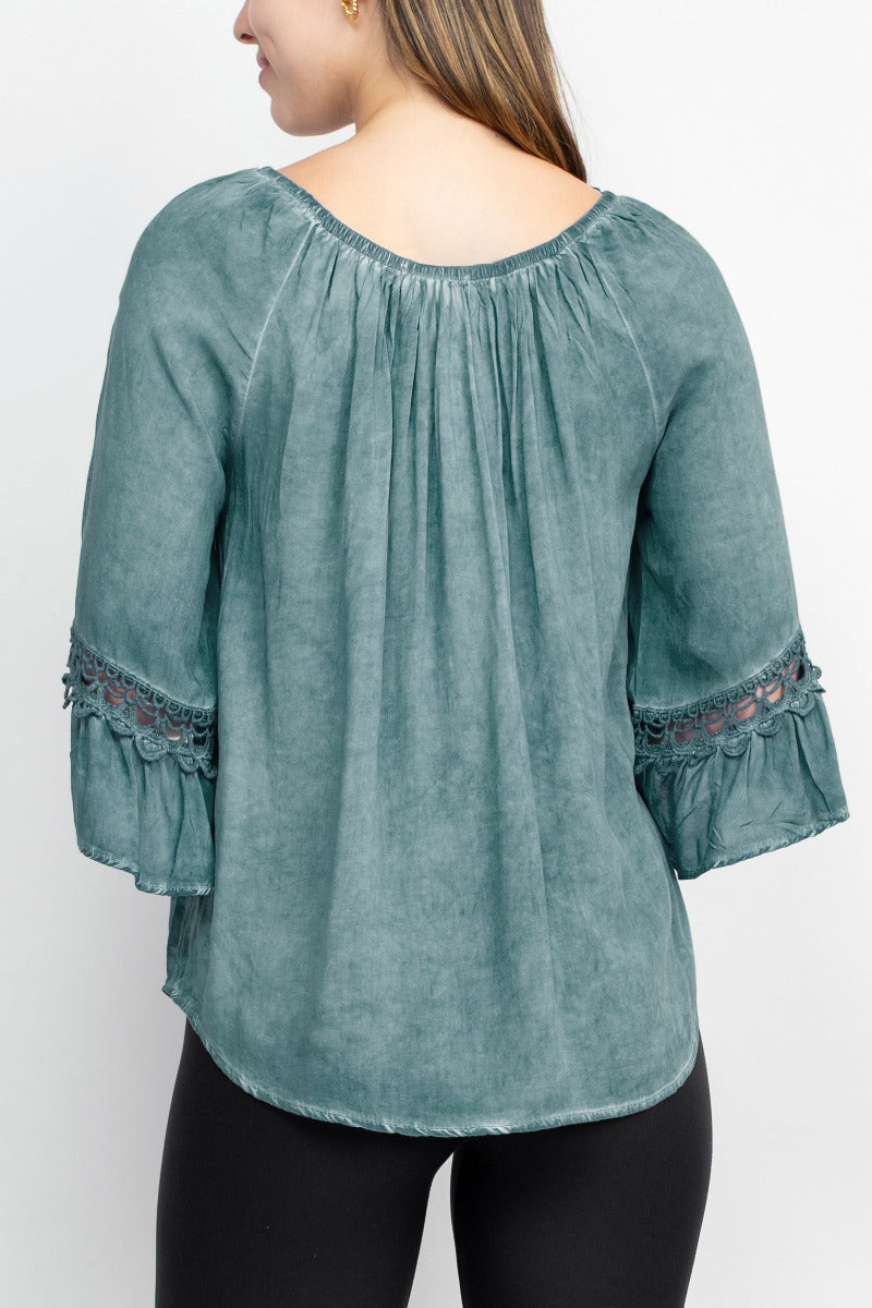 Floral + Ivy Round Neck 3/4 Sleeve Ruched Neck Rayon Top by Curated Brands