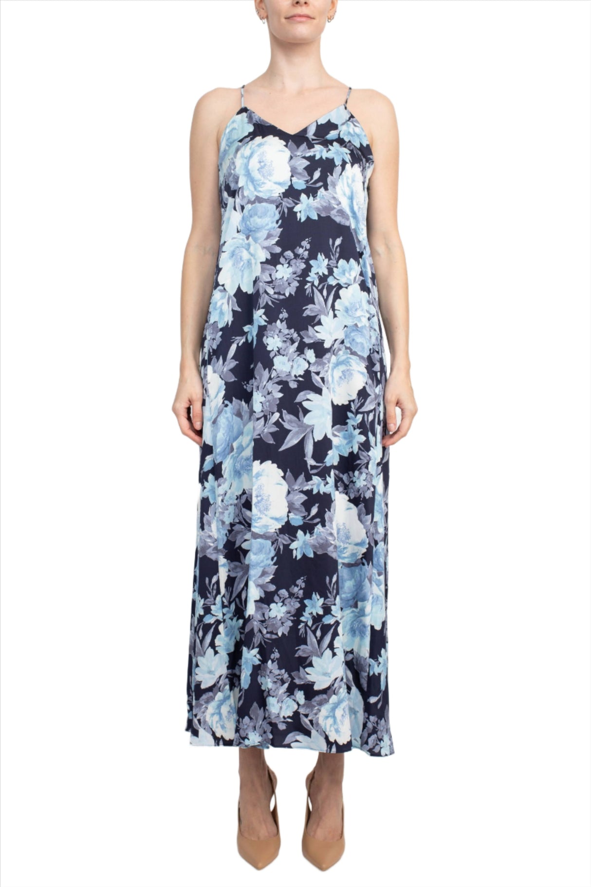 Connected Apparel V-Neck Spaghetti Strap Floral Print Satin Dress with Pockets by Curated Brands