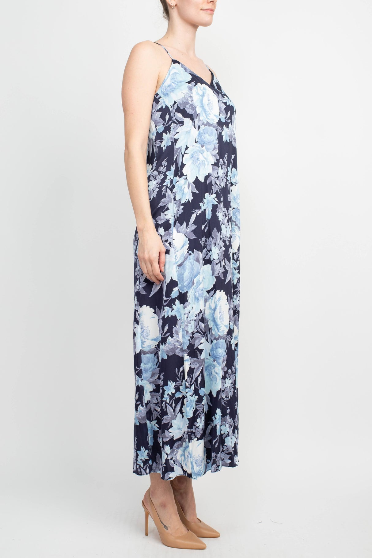 Connected Apparel V-Neck Spaghetti Strap Floral Print Satin Dress with Pockets by Curated Brands