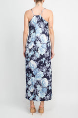 Connected Apparel V-Neck Spaghetti Strap Floral Print Satin Dress with Pockets by Curated Brands