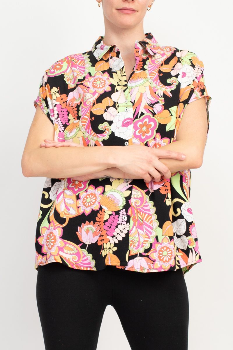 Floral & Ivy Floral Top - Versatile Black Red Yellow Mixed Jersey Knit Top by Curated Brands