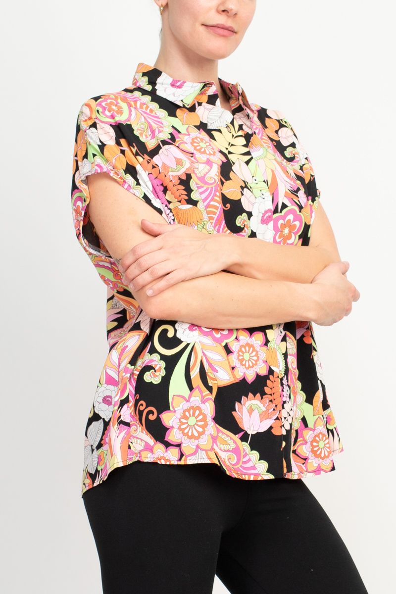 Floral & Ivy Floral Top - Versatile Black Red Yellow Mixed Jersey Knit Top by Curated Brands