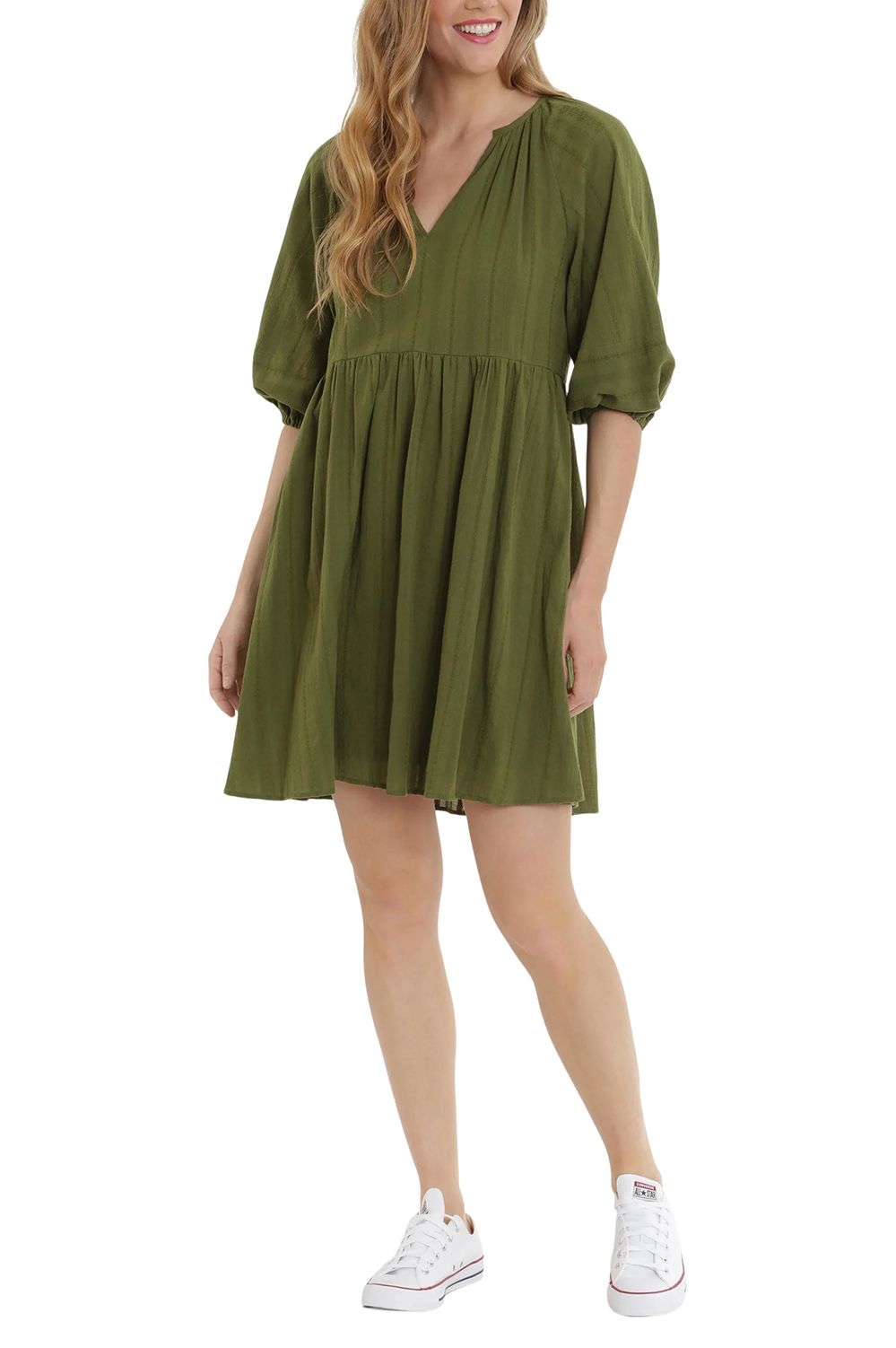 London Times V-Neck 3-4 Sleeves with Elastic Hems Short Blouson Cotton Dress by Curated Brands