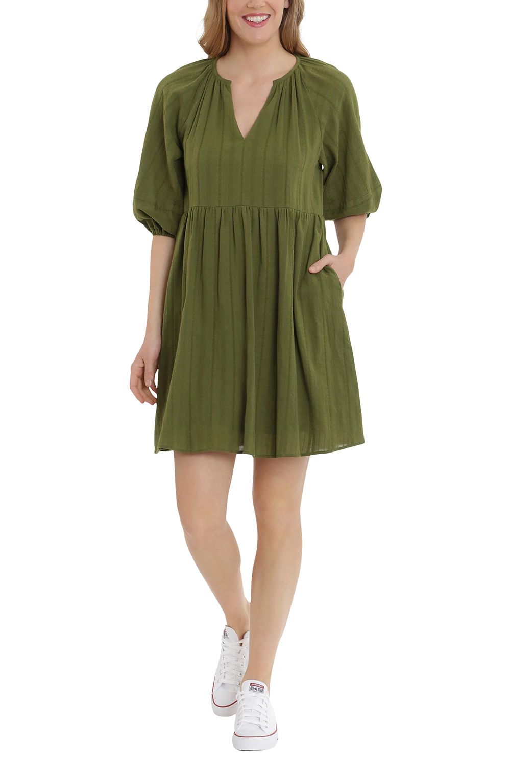 London Times V-Neck 3-4 Sleeves with Elastic Hems Short Blouson Cotton Dress by Curated Brands