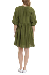 London Times V-Neck 3-4 Sleeves with Elastic Hems Short Blouson Cotton Dress by Curated Brands