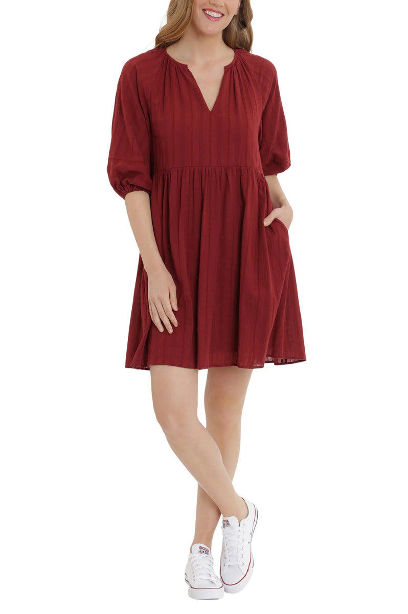 London Times V-Neck 3-4 Sleeves with Elastic Hems Short Blouson Cotton Dress by Curated Brands