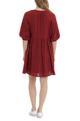 London Times V-Neck 3-4 Sleeves with Elastic Hems Short Blouson Cotton Dress by Curated Brands