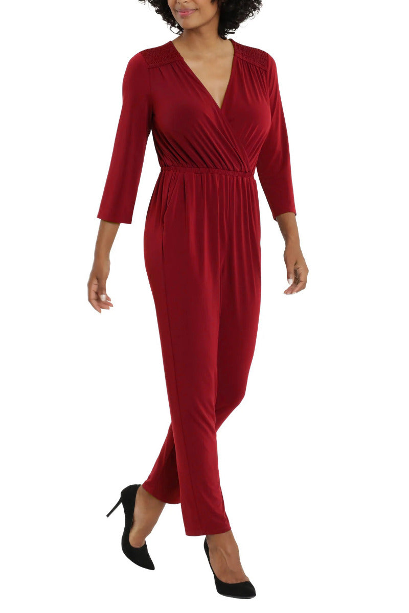 London Times Collared V-Neck Smocked Shoulder 3/4 Sleeve Elastic Waist Ruched ITY Jumpsuit with Pockets by Curated Brands