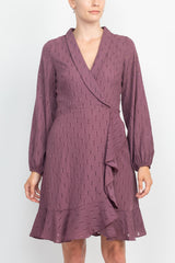 London Times Shawl Collar V-Neck Long Sleeves with Cuffs Back Zipper Ruffled Hem Short Dress by Curated Brands